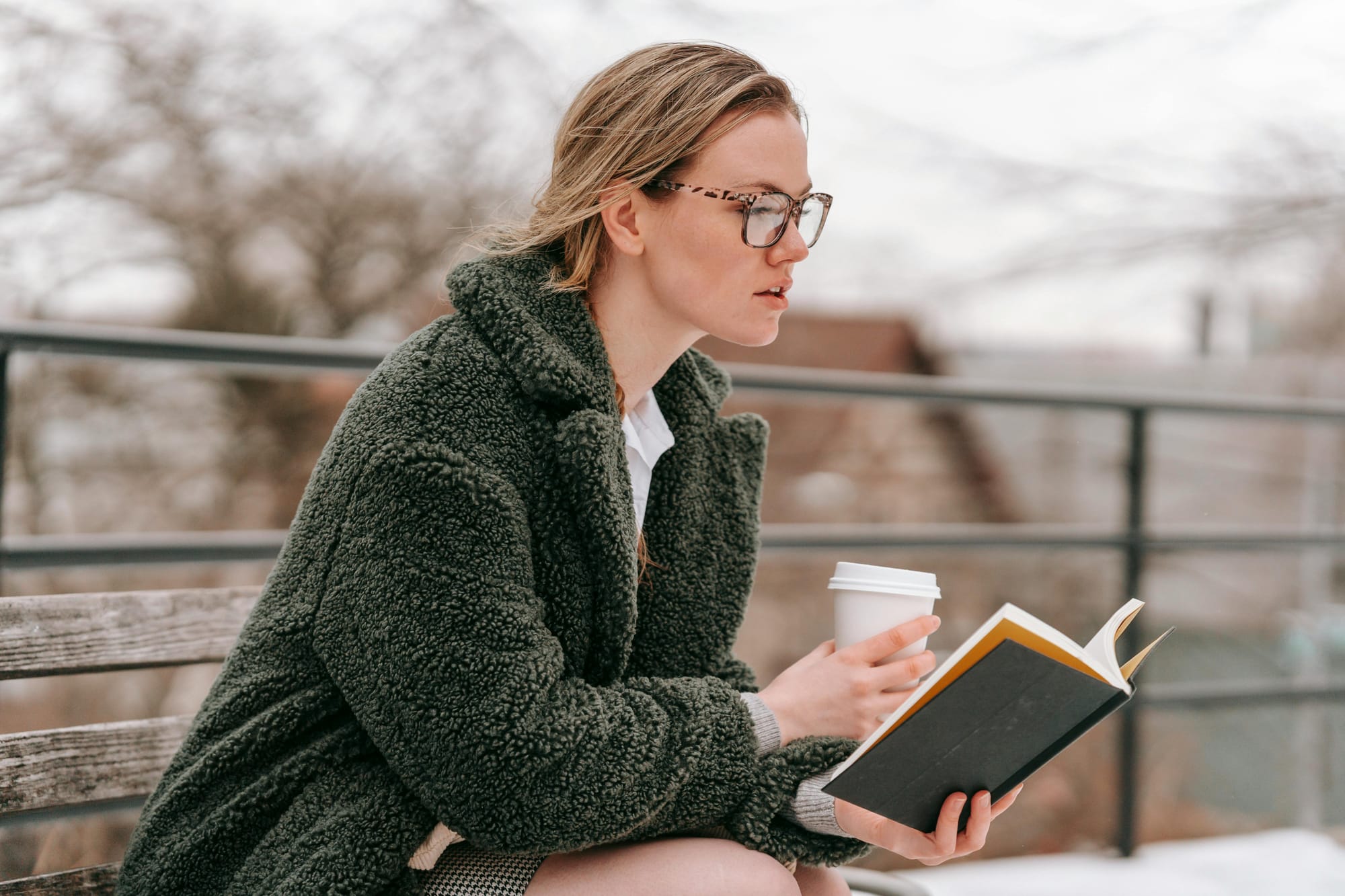 fascinated woman reading a book on a park bench