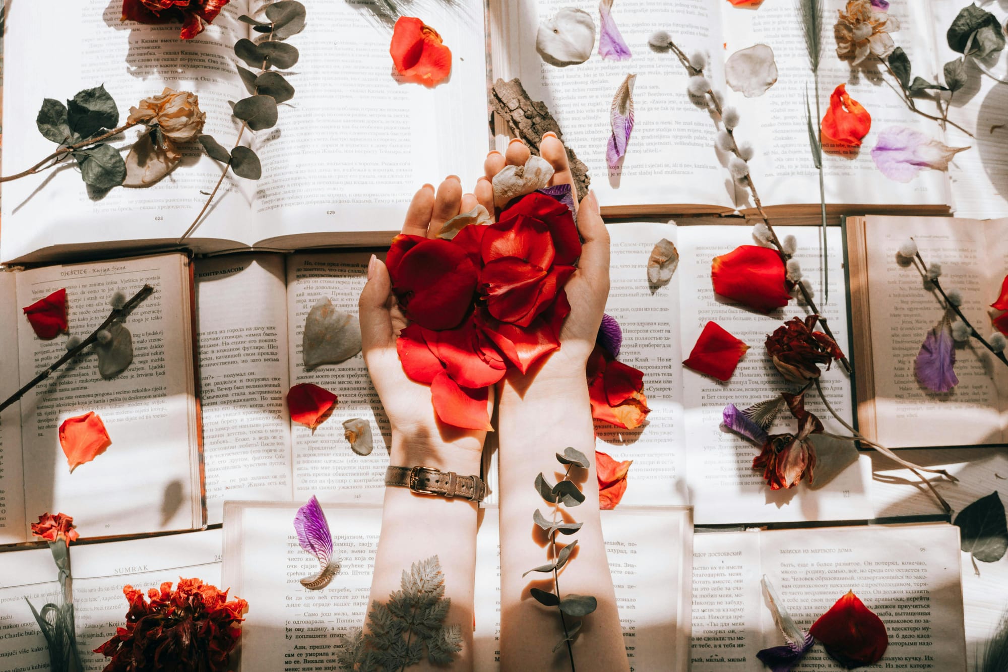 hands with rose petals over books decorated with flowers